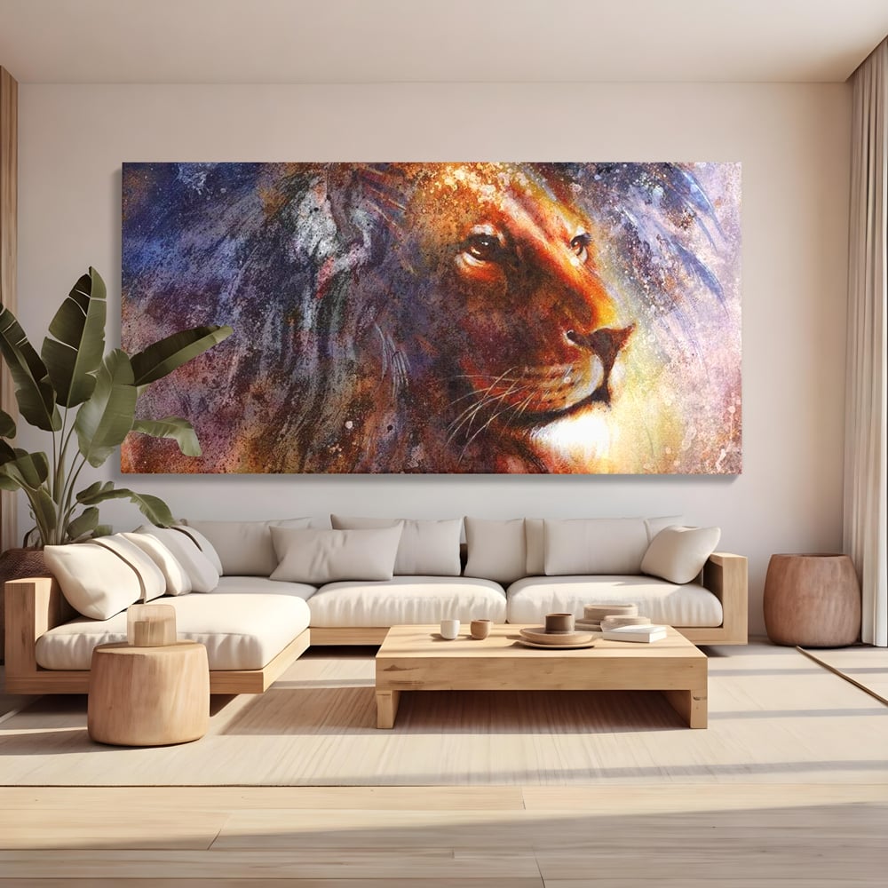 Tablou canvas cu tablou canvas cu leu in nuante cosmice, fara rama, pe sasiu de lemn, pe perete intr-un living